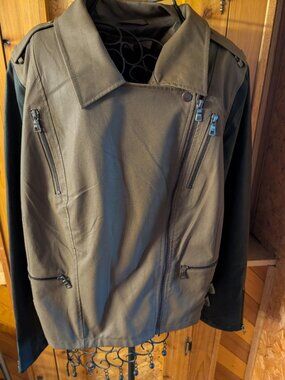 Nicole Richie Collection XL Moto Color Block Faux Leather Jacket Olive and Black